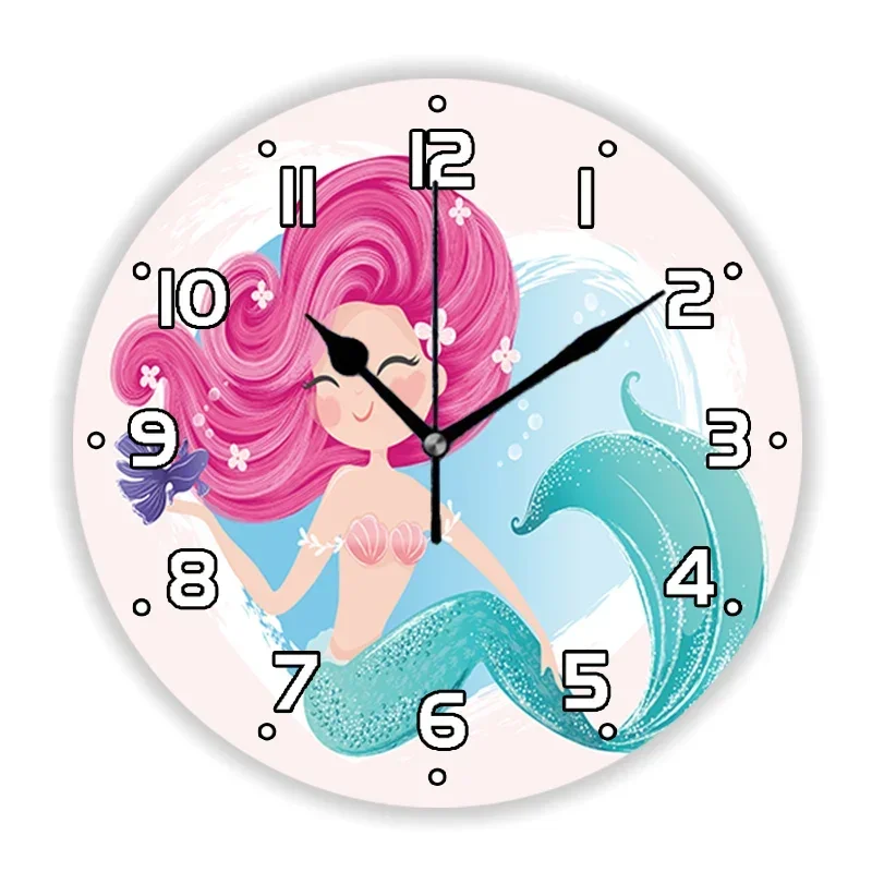 Girly Cute Cartoon Mermaid Wall Clock for Kid Bedroom Girl Nursery Little  Art Large  Watch Home Decor Daughter Gift