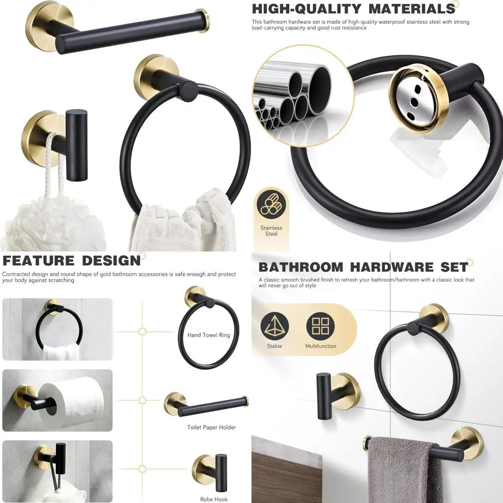 

Stainless Steel 3-Piece Towel Bar Set, Black & Gold Wall-Mounted Bathroom Hardware Accessories