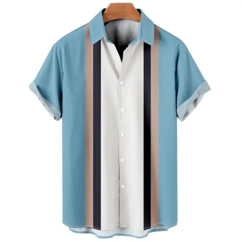 Chemise Hawaïenne à Manches Courtes pour Homme, Haut Décontracté, avec Imprimé Rayé, à la Mode, avec Revers et Bouton, Vêtement d'Été