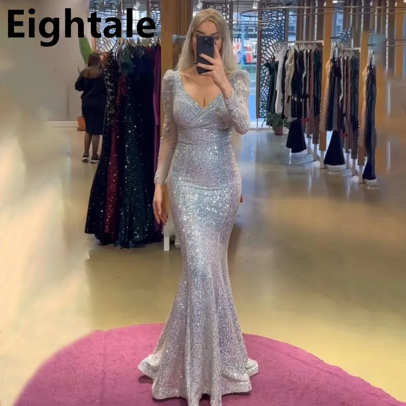 

Eightale Silver Shinning Sequins Mermaid Long Sleeve Prom Dress V Neck Evening Dress Women Formal Party Gown Robes De Soirée