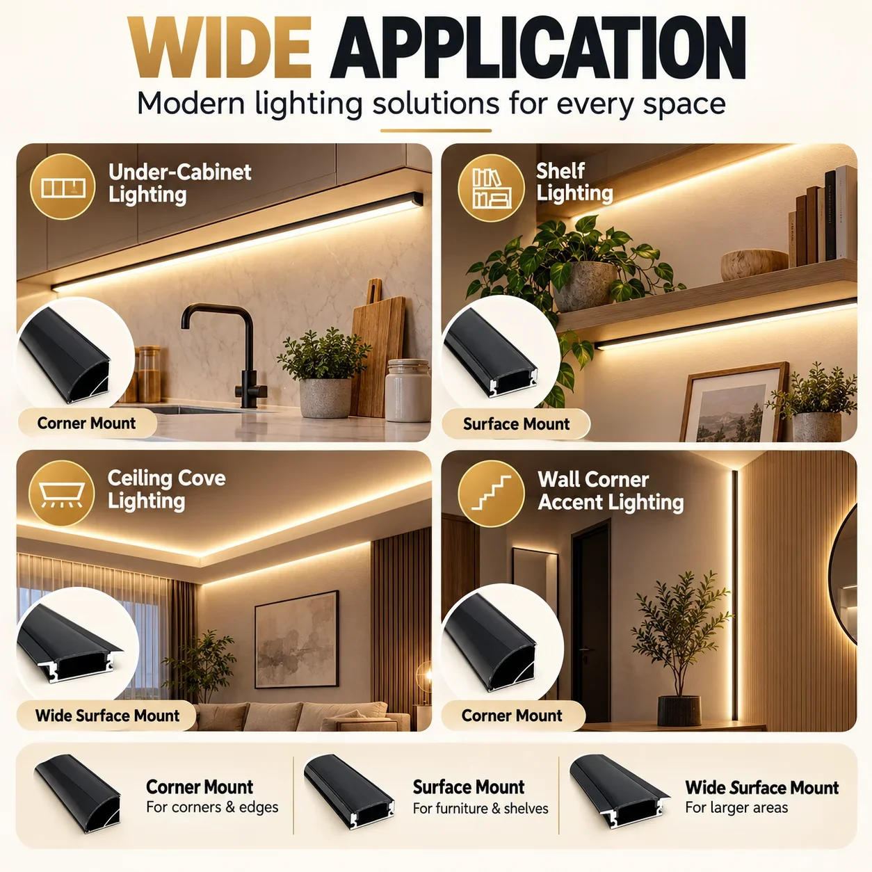 LED aluminum channel 0.5m for 3528 5630 5050 LED strip UVW shape LED aluminum channel Black cover