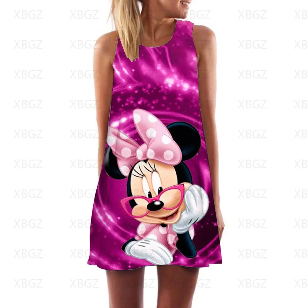 Minnie Mouse Beach Dress Women's Cool Summer Dresses Woman 2022 Print Cartoon Sundresses Sexy Sleeveless Disney Boho Loose Mini