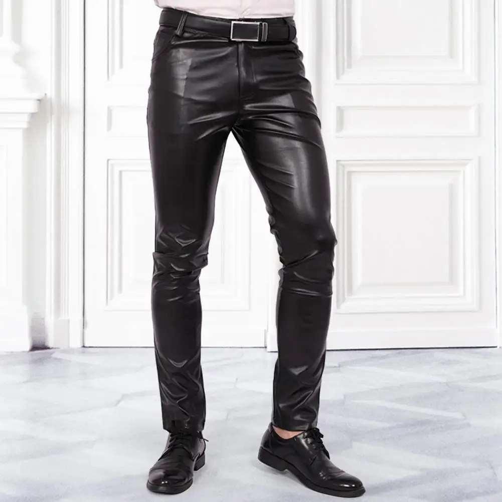 Men Faux Leather Pants with Pockets Stretchy Solid Color Cardigan Motorcycle Style Spring Fall Club Trousers Jacket Pairing Pant