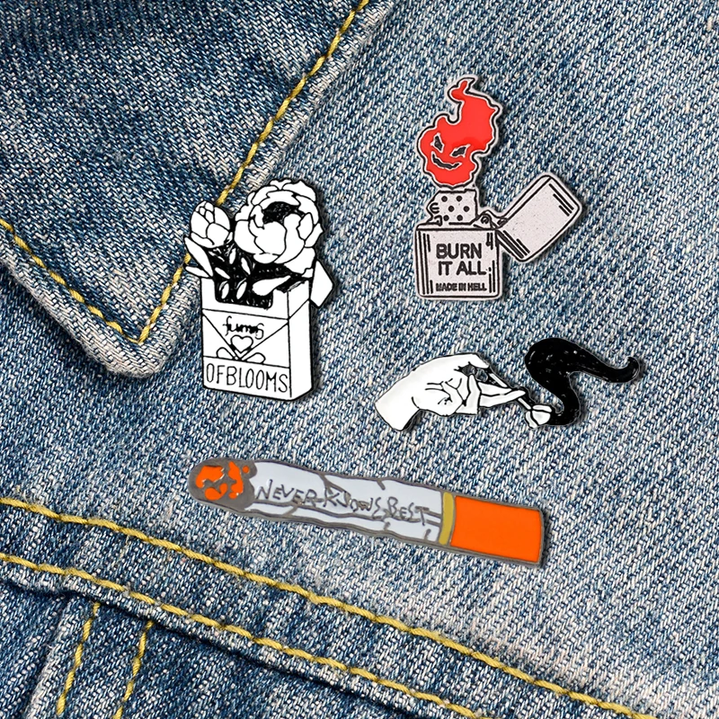 Never Know Best Cigarette Enamel Pins Burn It All Lighter Brooch Rose Box Badges Fun Trendy Lapel Jewelry Gift For Friends