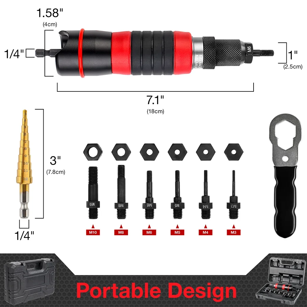 M3 M4 M5 M6 M8 M10  Electric Rivet Nut Adapter, Cordless Home Rivet Gun, Including Tools Box, 3-12mm Drill Bit, Riveting Tools，