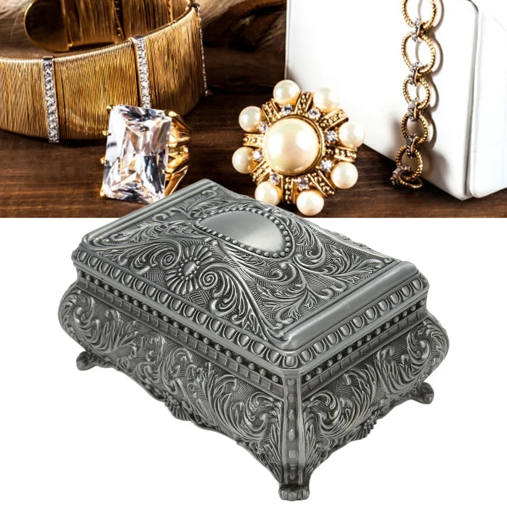 Jewelry Boxes Antique Vintage Jewelry Box Silver Floral Engraved Musical Jewelry Box Rectangular Metal Trinket Box For Women
