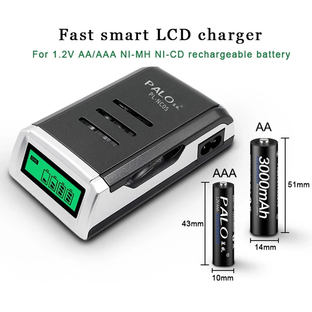 PALO-cargador de batería con 4 ranuras, dispositivo de carga inteligente con pantalla LCD para batería recargable de 1,2 V, Ni-MH, ni-cd, AA, AAA, 2A, 3A