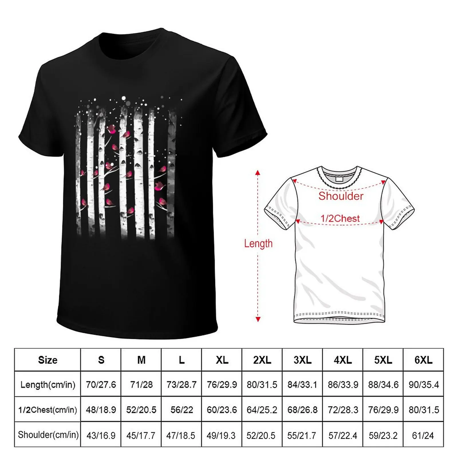 Birch trees dreamy forest and robin bird, this is redbreast in winter forest, perfect for natura lovers T-Shirt