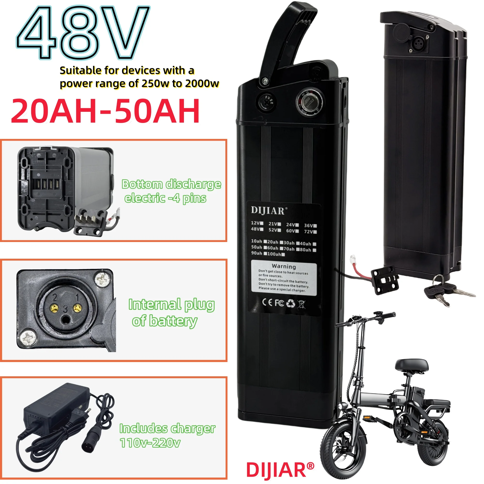 

48V electric scooter 20AH-50AH Silver Fish lithium battery, bottom discharge 4-pin, built-in BMS protection, 2000W