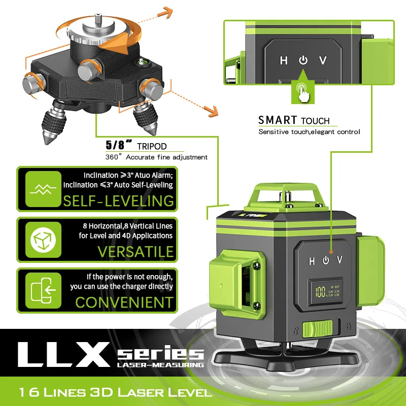 Woodworking 4D 16 Green Line Digital Display Laser Level 360 Horizontal Vertical Cross Lines W/ Auto Self-Leveling Super Powerfu