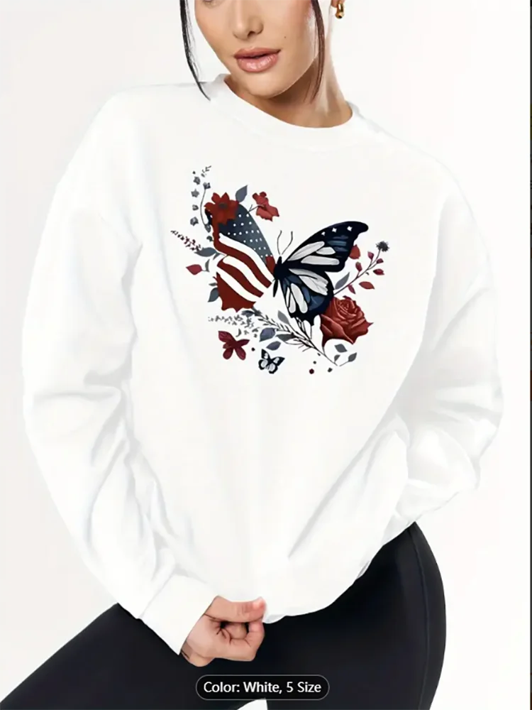 

Womens White Sweatshirt American Flag Butterfly Rose Graphic Print Casual Oversized Pullover Top for Patriotic Style Lovers