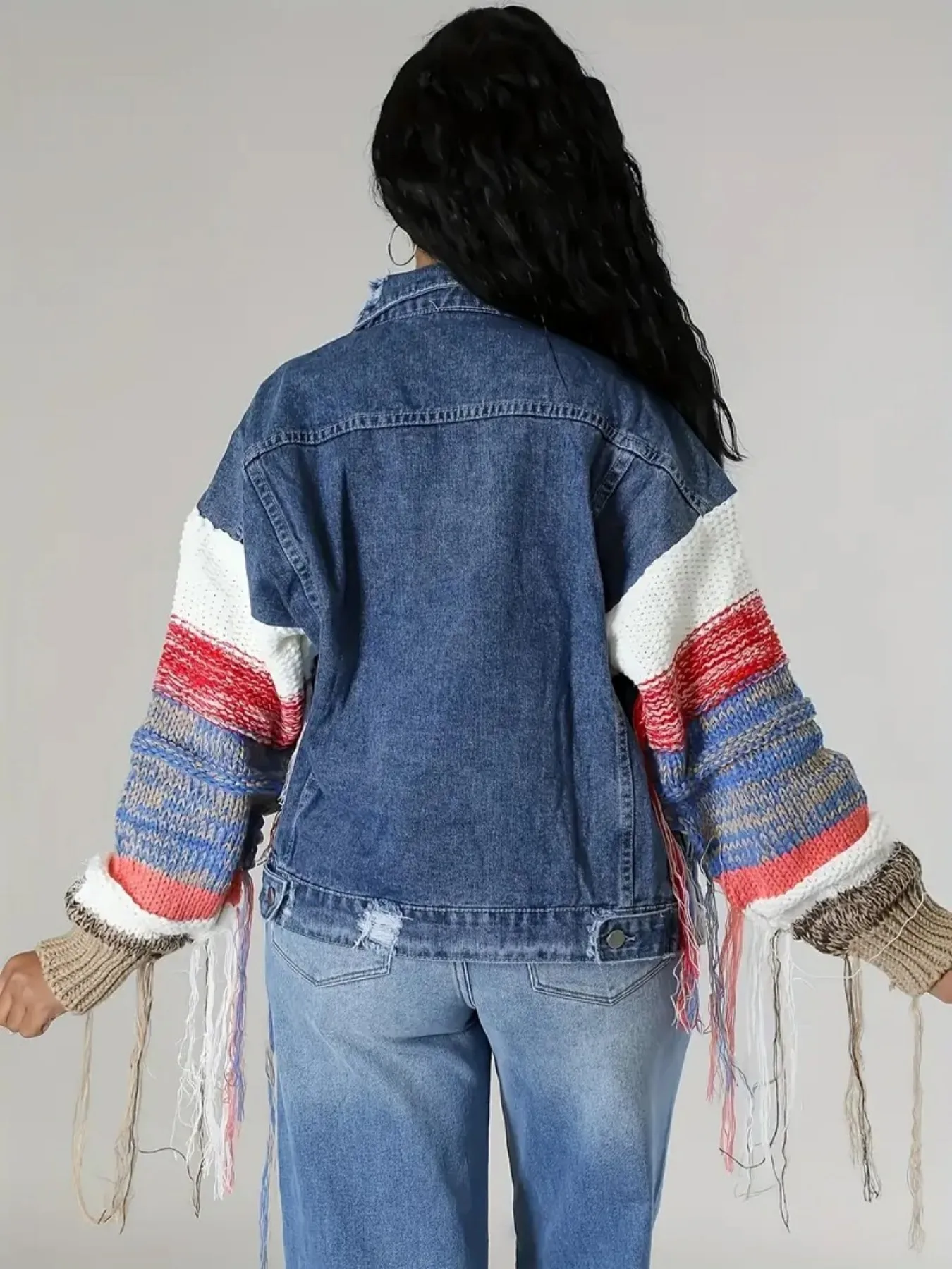 سترة نسائية كاجوال ممزقة من قماش الدنيم مع هامش، سترة خفيفة وعصرية من قماش الدنيم المرقعة