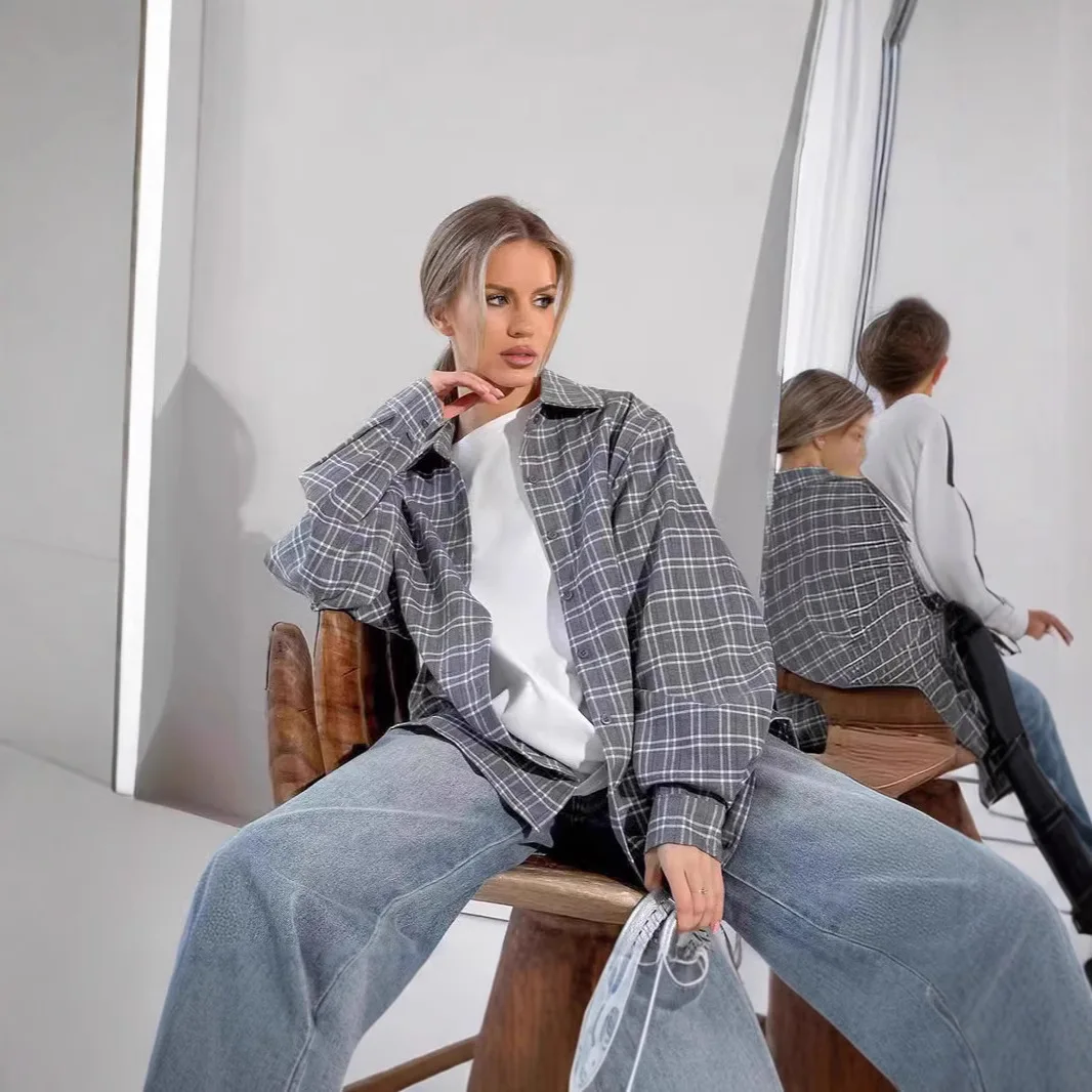 Chic Street Style Gray Plaid Shirts Elegant Women Long Sleeve Vintage Oversize Blouses Tops Spring Female Checked