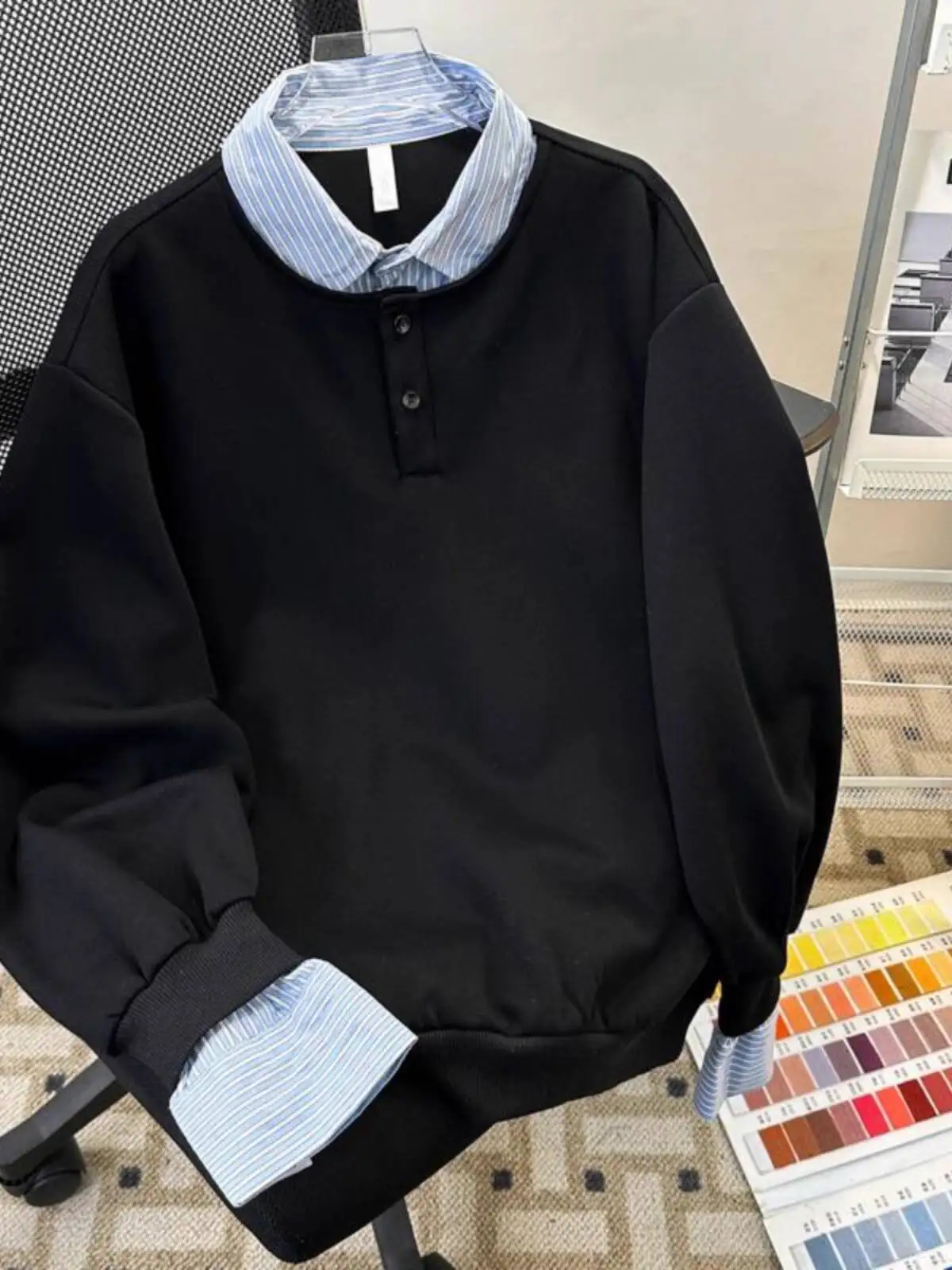 

Unisex Sweater 2025 Vintage Inspired Collared Sweatshirt Fake Two Piece Color Block Long-Sleeve Loose Pullover