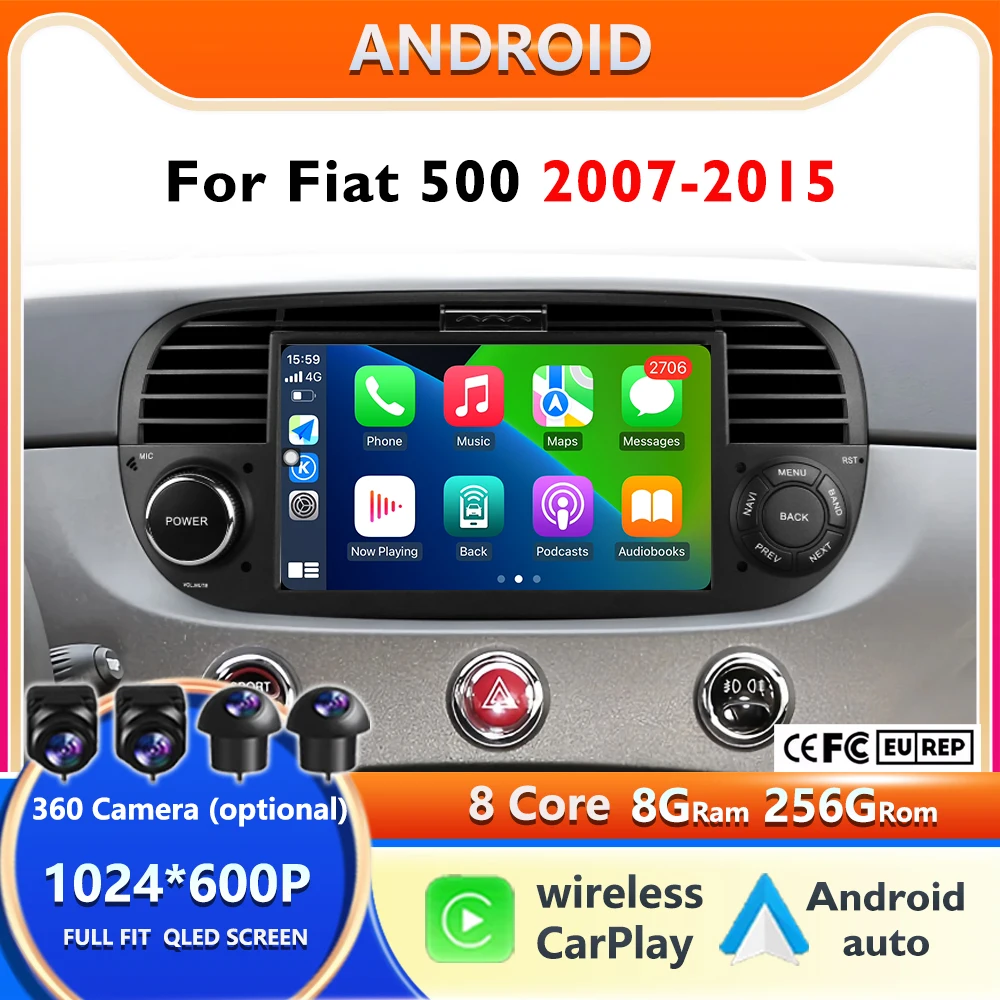 Android 16 CarPlay Car Radio For Fiat 500 2007-2015 Stereo Navigation Multimedia Video Player GPS DSP WIFI 4G BT Auto  Autoradio