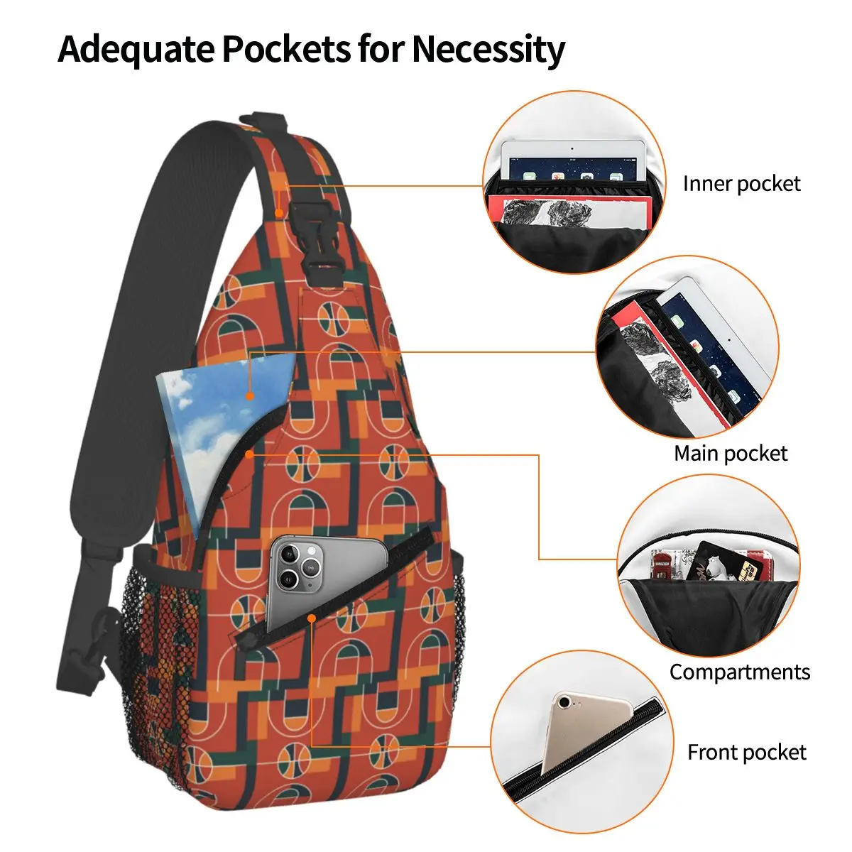 Black Basketball Court Pattern Chest Bag Men Sling Crossbody Backpack Chest Bag Travel Hiking Daypack Shoulder Bag