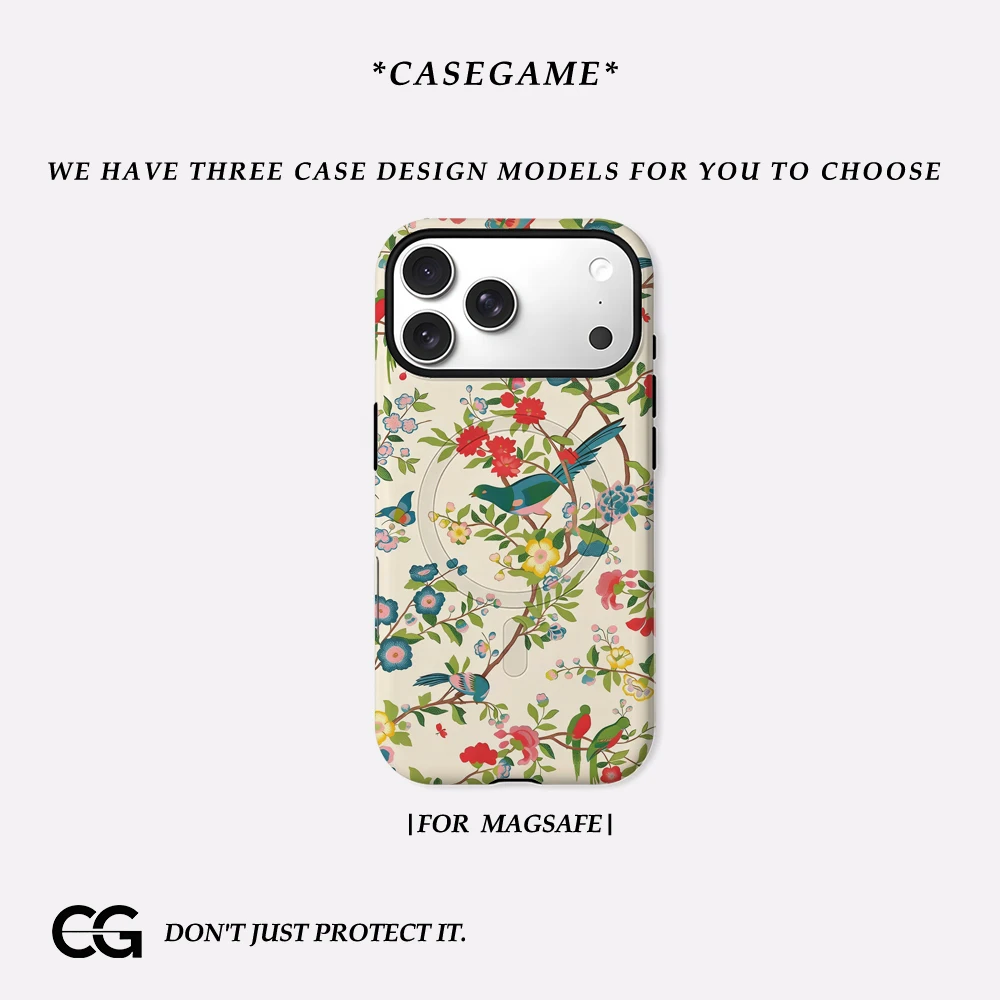 Casegame Matte Bumper für MagSafe Hülle für iPhone 17 16 15 14 Plus 13 Pro Max Stoßfeste Harte PC-Hülle mit Blumen- und Vogelmotiven