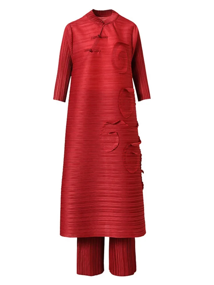 Miyake Fashion Pleated 2 Pieces Set Women Stand Long Dresses High Waist Pants Solid Color Sets 2023 Autumn New Clothing