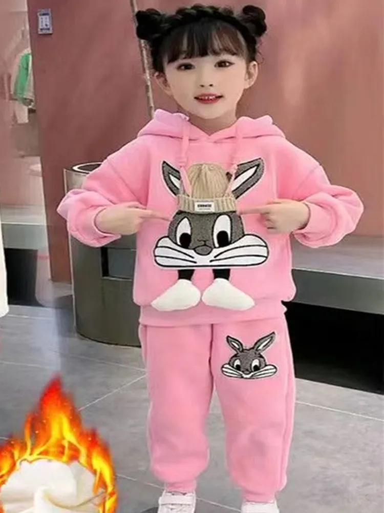 Autumn and Winter Girls\' New Sweater Little Cat Set Plush and Thickened 2022 Girls\' Korean Hoodie Two Piece Set