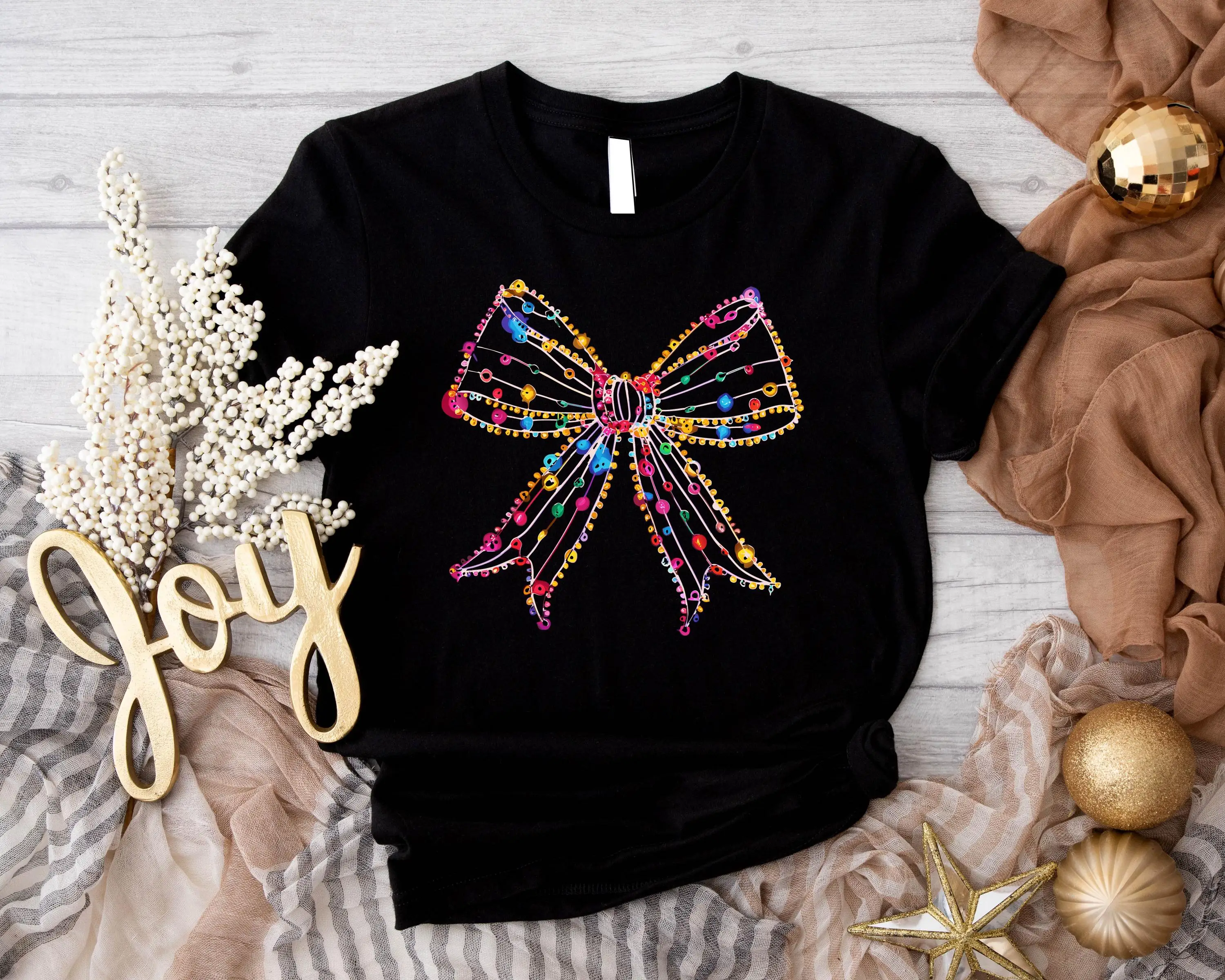 Christmas Bow Lightening T Shirt Cheerful Colorful Lights Coquette Wish Merry Bright