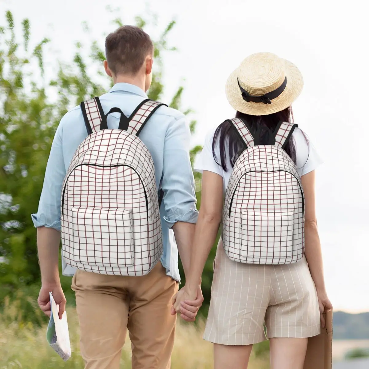 Mochila xadrez com bolso para homens e mulheres, bolsa de ombro universitária, mochila universitária, trabalho colegial, simples, retrô