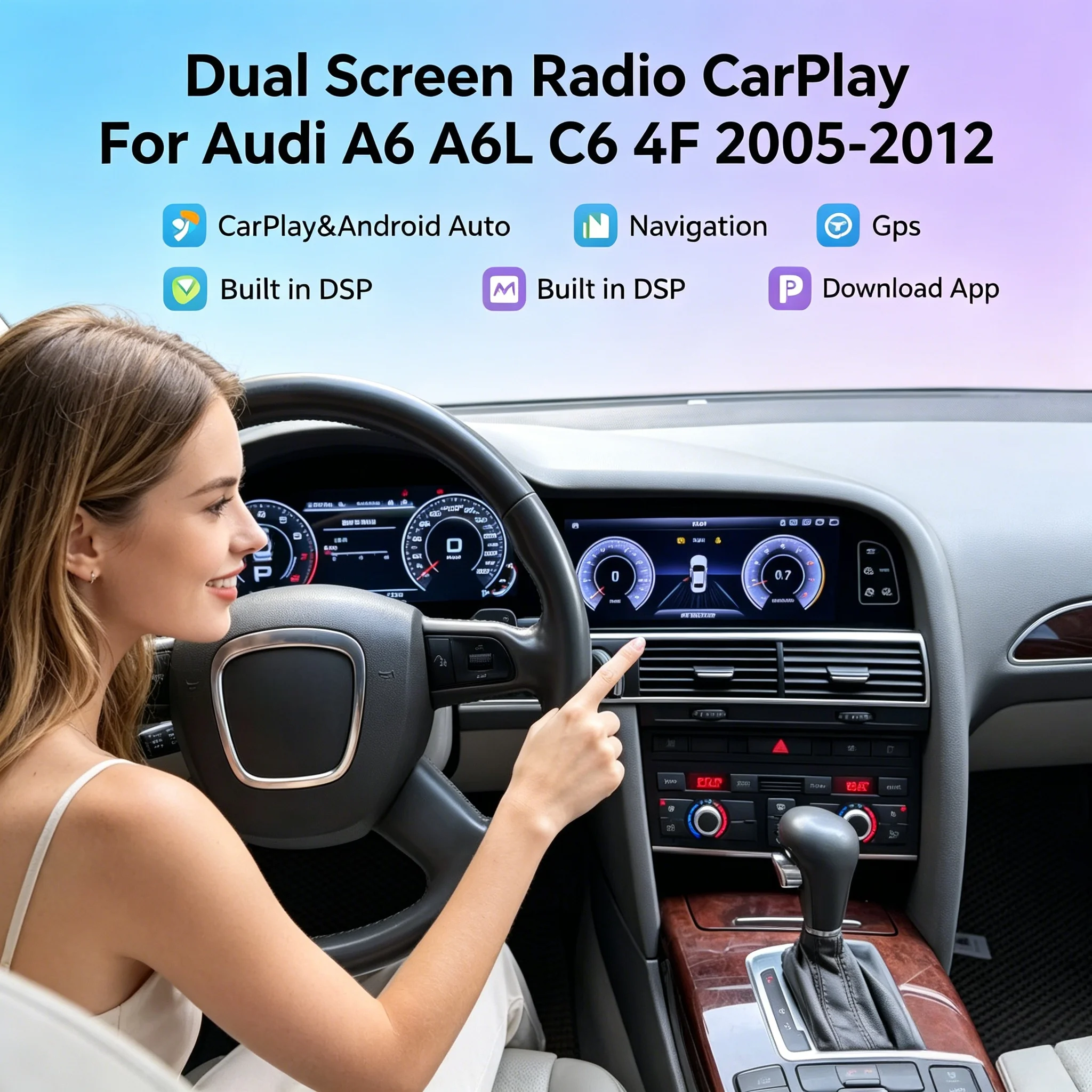 Dual Screen For Audi A6 A6L C6 4F 2005 - 2012 Digital Speed Dash Cluster Virtual Cockpit Android Stereo Carplay Auto GPS WIFI