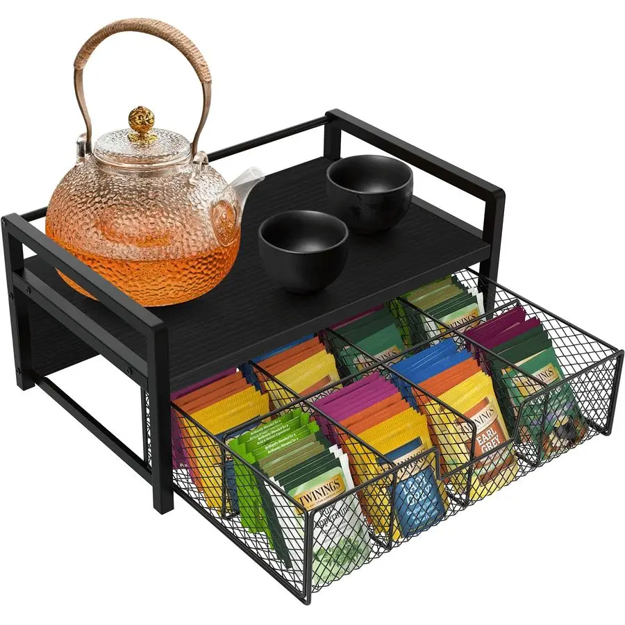 

Wood Tea Bag Organizer, Teabag Holder with Drawer, Tea Organizers and Storage Box, 8 Compartments Tea Caddy Station Chests Displ