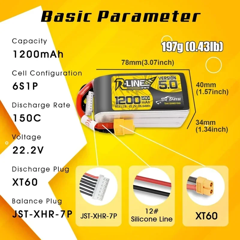 TATTU R-Line Version 5.0 6S Lipo Battery 22.2V 150C 1200mAh Lipo Battery Pack with XT60 Plug for Racing