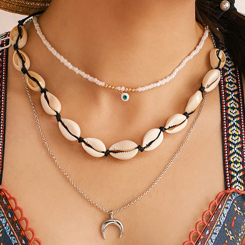 Tocona Bohemian Geometry Weaving Rope Shell Multilayer Pendant Nacklace Female Half Moon Pearl Stone Eyes Three Layer Nacklace