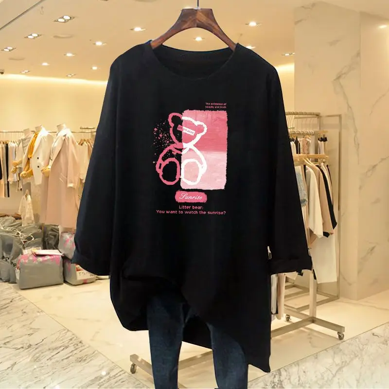 

Women's Black Loose Cotton Texture T-shirt, Long Sleeve, Mid Length Version, O-Collar, All-Match, Casual Lady Top