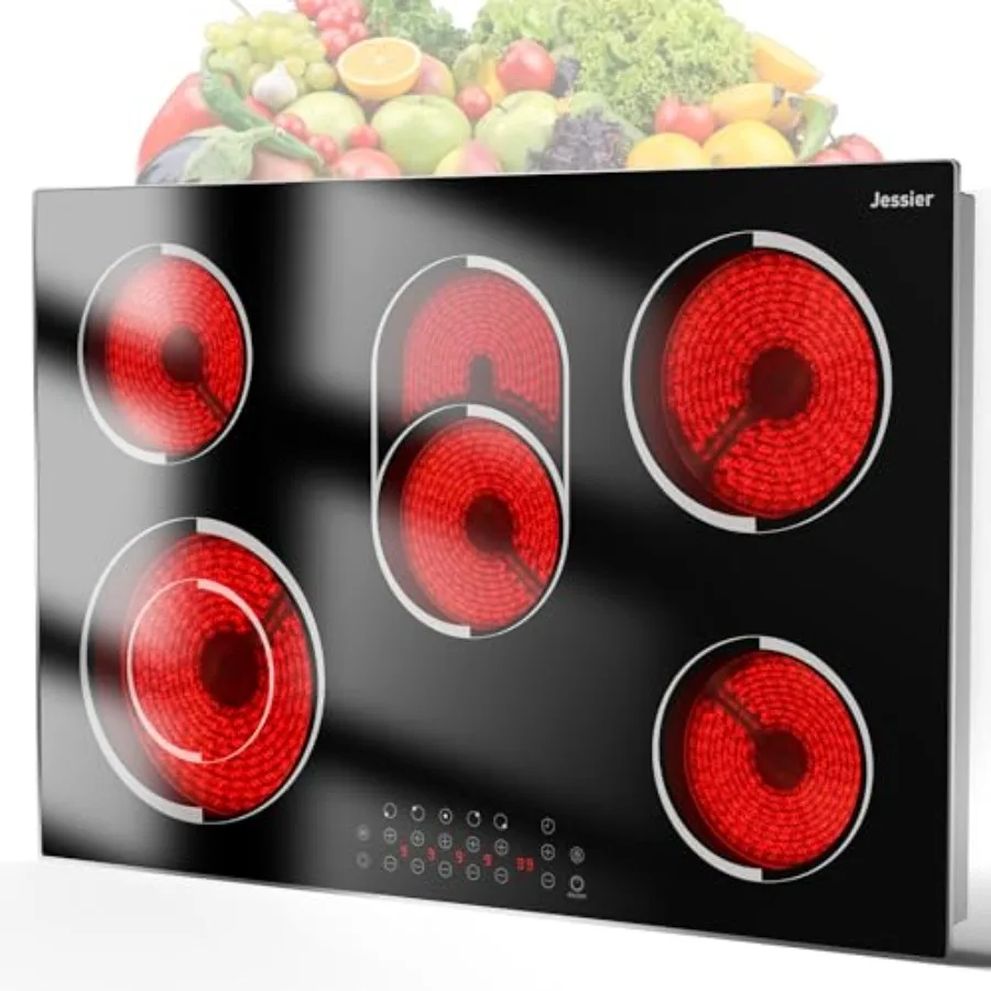 30 Inch Electric Cooktop for Kitchen Ceramic Glass Black 8400W Power with 5 Burners Dual Ring 99-Min Timer Safety Lock