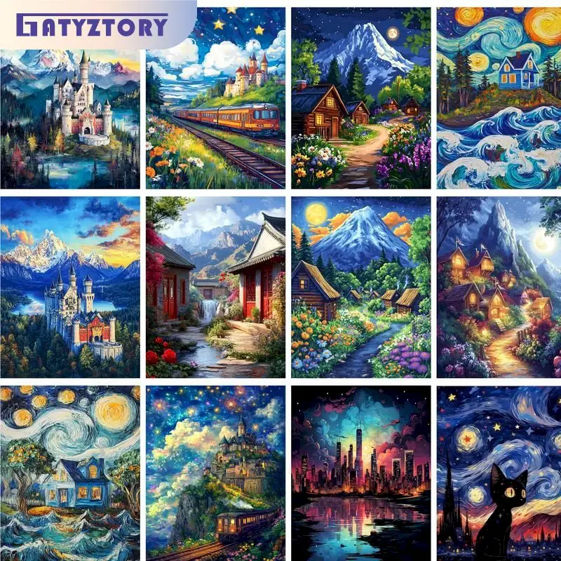

GATYZTORY Oil Paint By Numbers Diy Crafts Van Gogh Sky Landscape Pictures On Number Wall Decors Number Painting Art Supplies