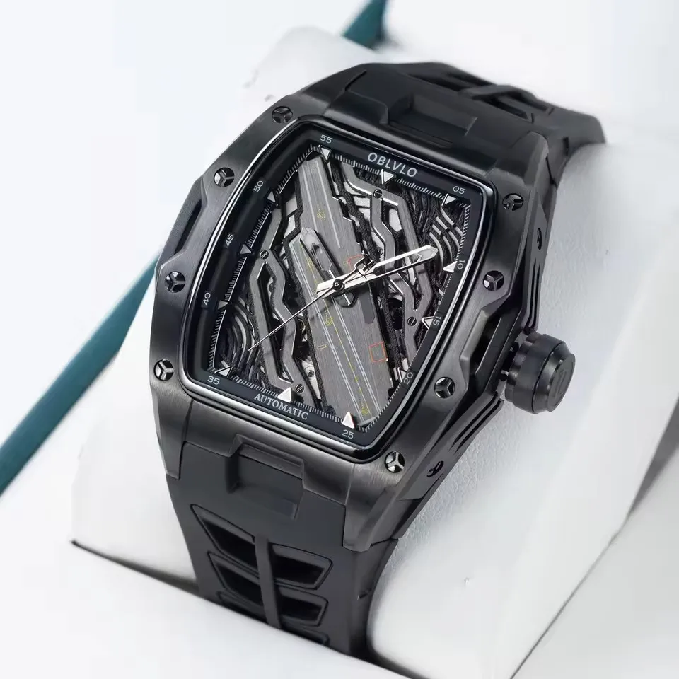 OBLVLO Men's Luxury Automatic Watch Skeleton Dial Tonneau DesignBig Face Mechanical Wristwatch Silicone Band Sport Fashion Watch
