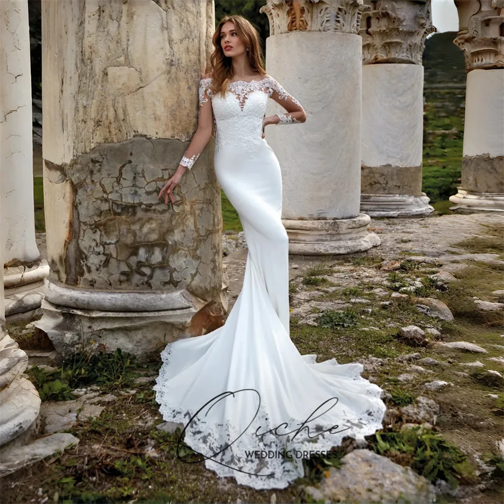 

QICHE Luxury Lace Appliqued Mermaid Wedding Dress Women Long Sleeves Off The Shoulder Bridal Gown Vestido De Noiva Customized