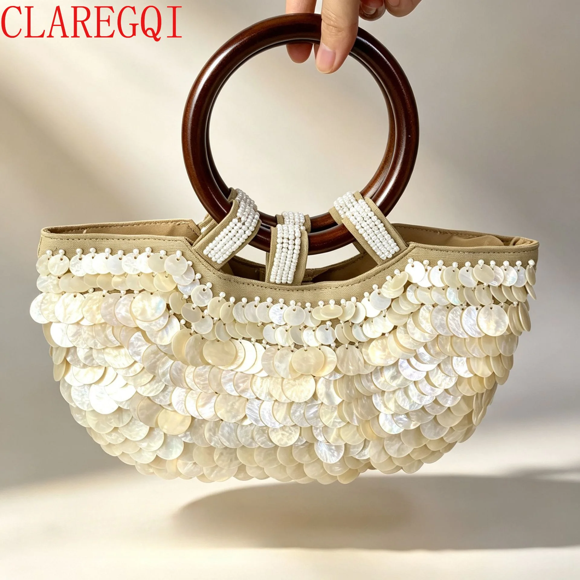 Fashionable High-End Handmade Shell Bag with Double-Sided Wooden Handles, Beachy Handbag for Women, Unisex Evening Bag