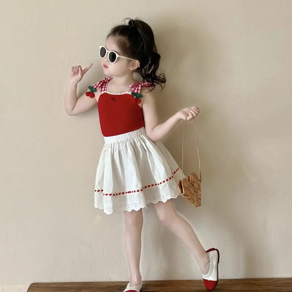 

Top and Skirt Set Summer New Korean Fashionable Sweet and Cute Vest Lace Skirt Two-piece Set Girls Clothes