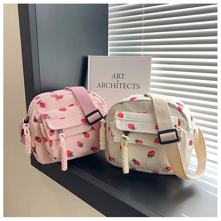 Corduroy bag women's 2025 new strip velvet strawberry printing mobile phone bag casual messenger women's bag