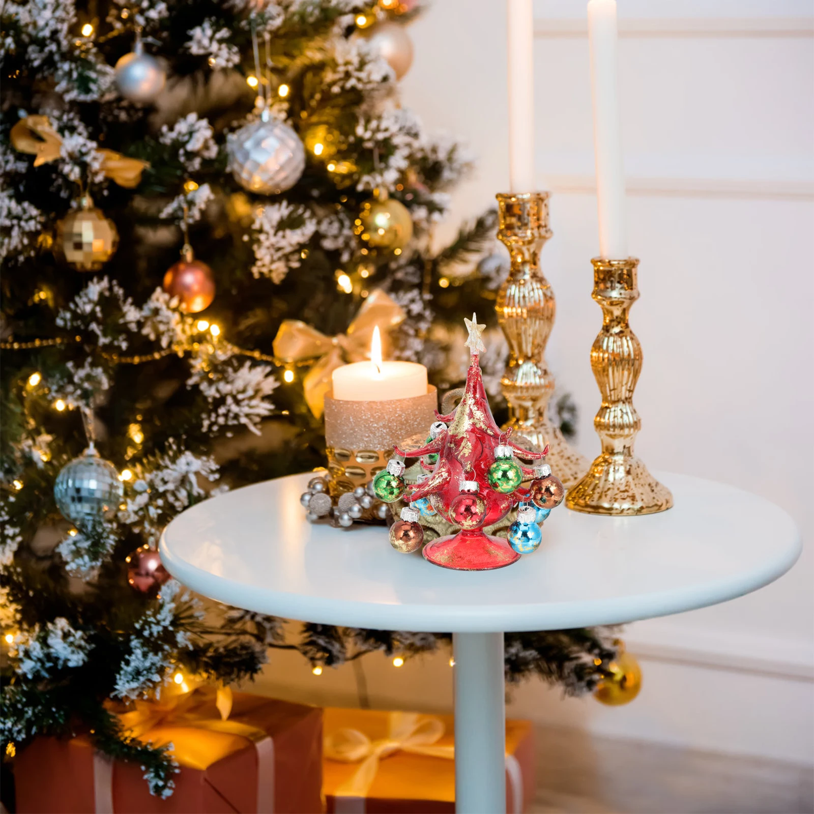 

Glass Christmas Tree Ornament Tabletop Decor Holiday Festival Miniature Tree Craft Bright Colorful Centerpiece for Living Room