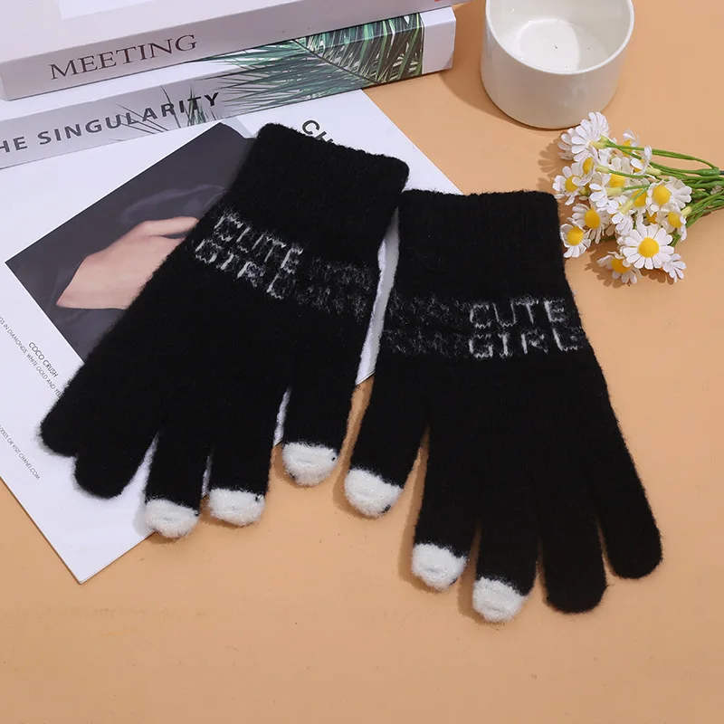 Cute Panda Fingertip Thicken Warm Gloves Women Girls Winter Knitted Fingerless Gloves Full Finger Mittens Outdoor Skiing Gloves