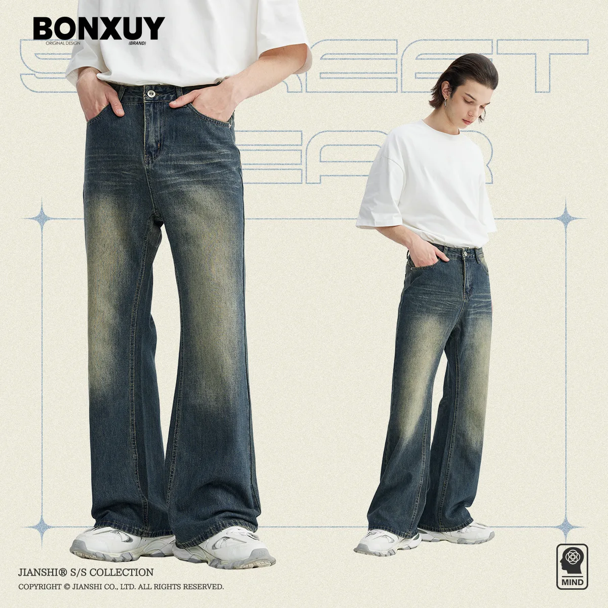 

BONXUY New Korean style slim fit bootcut jeans for men ins trendy brand baggy retro washed casual versatile wide leg pants