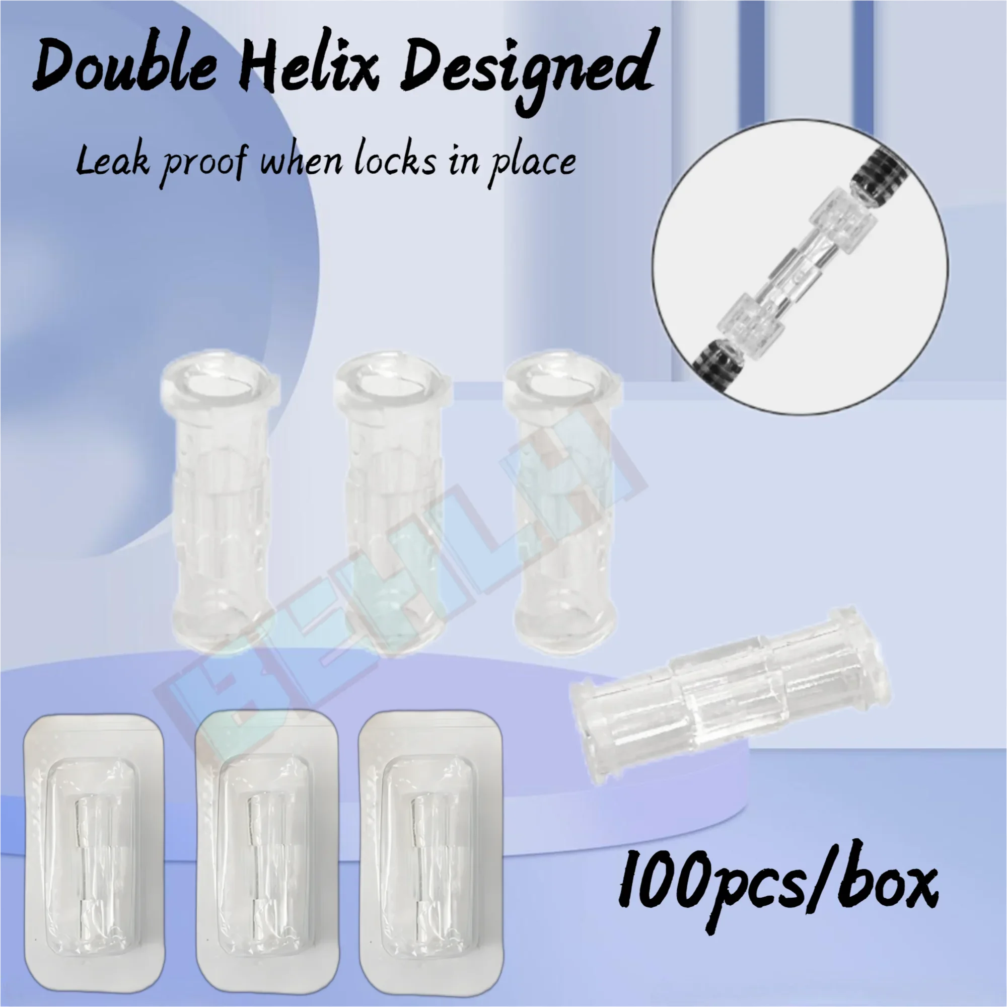 Disposable double helix sterile Luer lock adapter, leak proof transparent plastic syringe connector