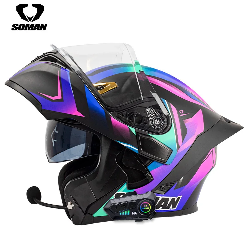 SOMAN Motorrad-Bluetooth-Helm für Männer und Frauen Doppellinsen-Abnehmbarer Helm Hochauflösendes Bluetooth-Headset Bluetooth-Helm