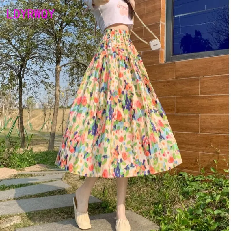 Floral swing skirt, small man, high waist, thin floral skirt, new summer style