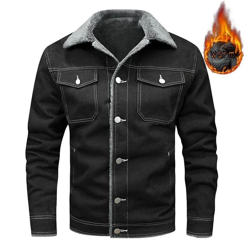 Men's Autumn Winter Denim Jacket Korean Style Thick Fleece Lined Lapel Collar Washed Cotton Fashion Casual Male Jacket Warm Wind