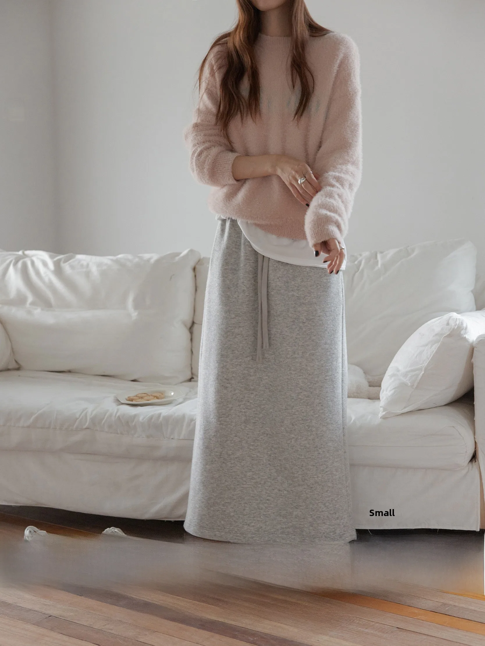 

VNOOK Knitted Fleece-Like Loose Thick Winter Midi Skirt Women's Straight Cut Versatile Long Skirt Comfortable Elastic Waist