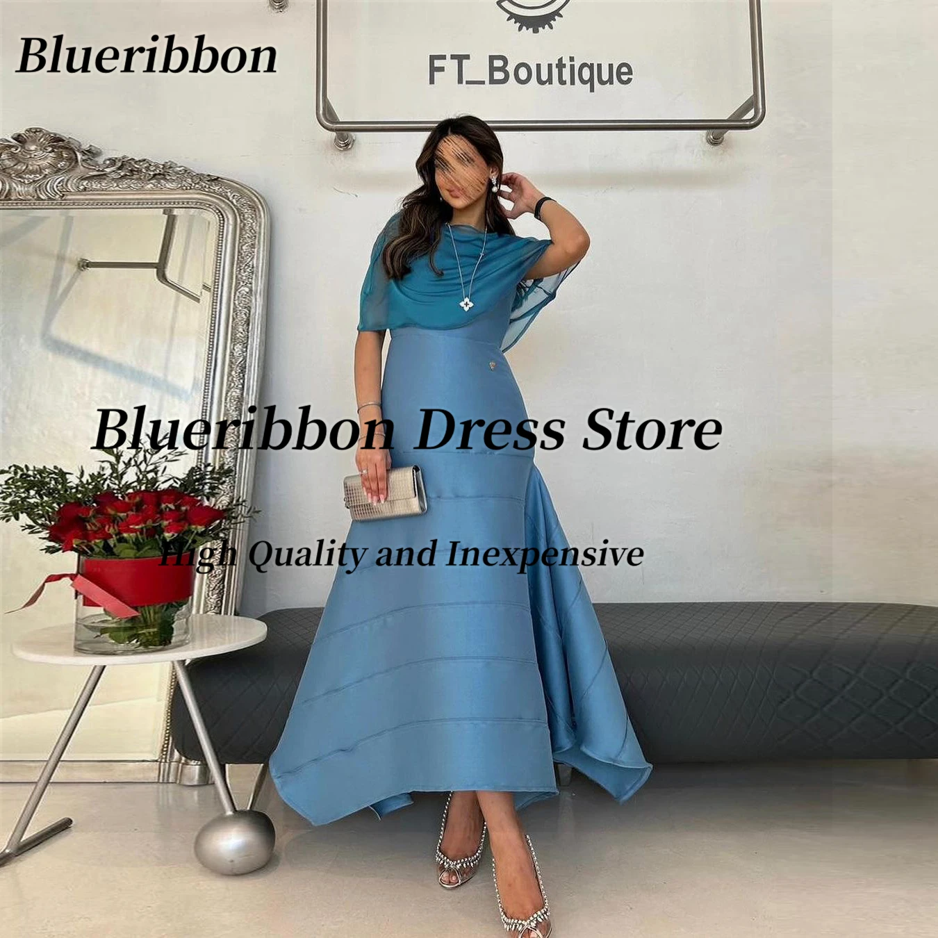 

Blueribbon Dubai Party Prom Dresses 2024 Crew Neck Wraps Wedding Guests Dress Zipper Back Evening Gowns