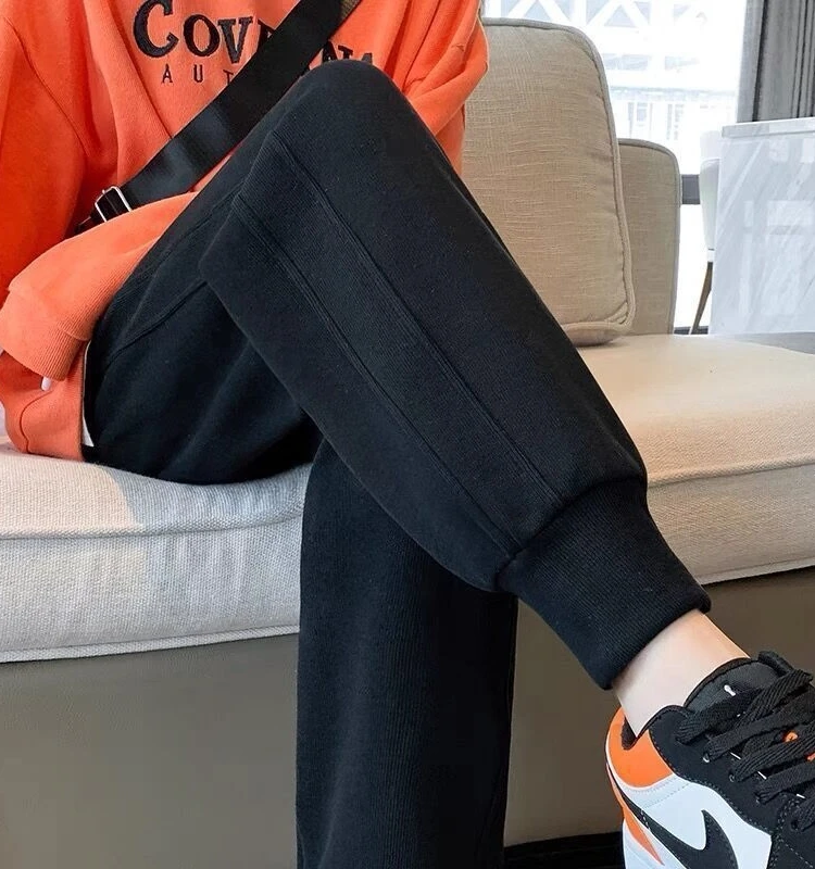Thickened Fleece Wide Leg Sports Pants Women's Autumn Winter High Waist Slimming Loose Small Size Cuffed Sweatpants Trendy