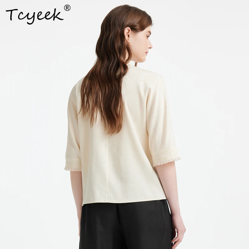 

Tcyeek, 19MM 95%Mulberry Silk Elegant TShirt, Women Stand Neck Half Sleeve, Fashion Commute OL Top, 2024 Summer Fall T484082QM