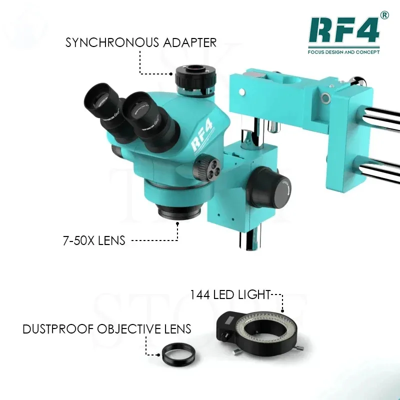 RF4 7X-50X 360° Rotation Dual Arm Bracket Boom Lndustrial Laboratory Maintenance Observation Triocular Stereo Zoom Microscope