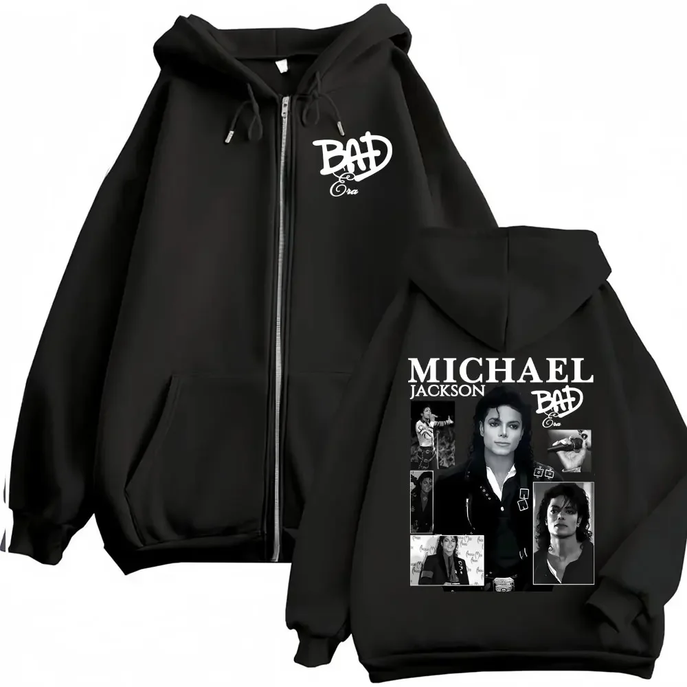 King of Pop Michael Jackson Bad Era Zipper Hoodie Men Women Harajuku Streetwear Jacket Sweatshirt Fleece Casual Zip Up Pullovers